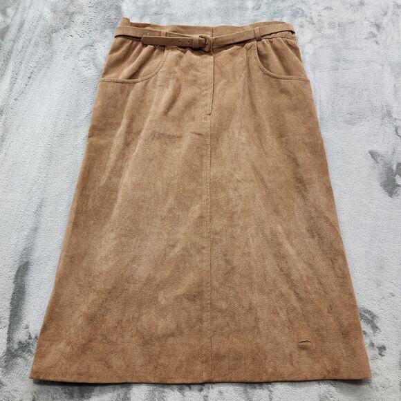 Unbranded Dresses & Skirts - Vintage 70s Ultrasuede Skirt Womens M Tan A-Line Midi Belted Pockets Office Fall